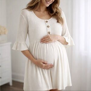 PinkBlush White Waffle Knit Maternity Dress with Button Detail Flutter Sleeve